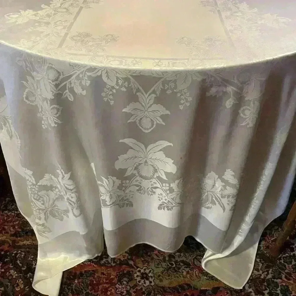 Vintage Ivory Damask Rectangular Tablecloth | Floral Jacquard Elegant Wedding